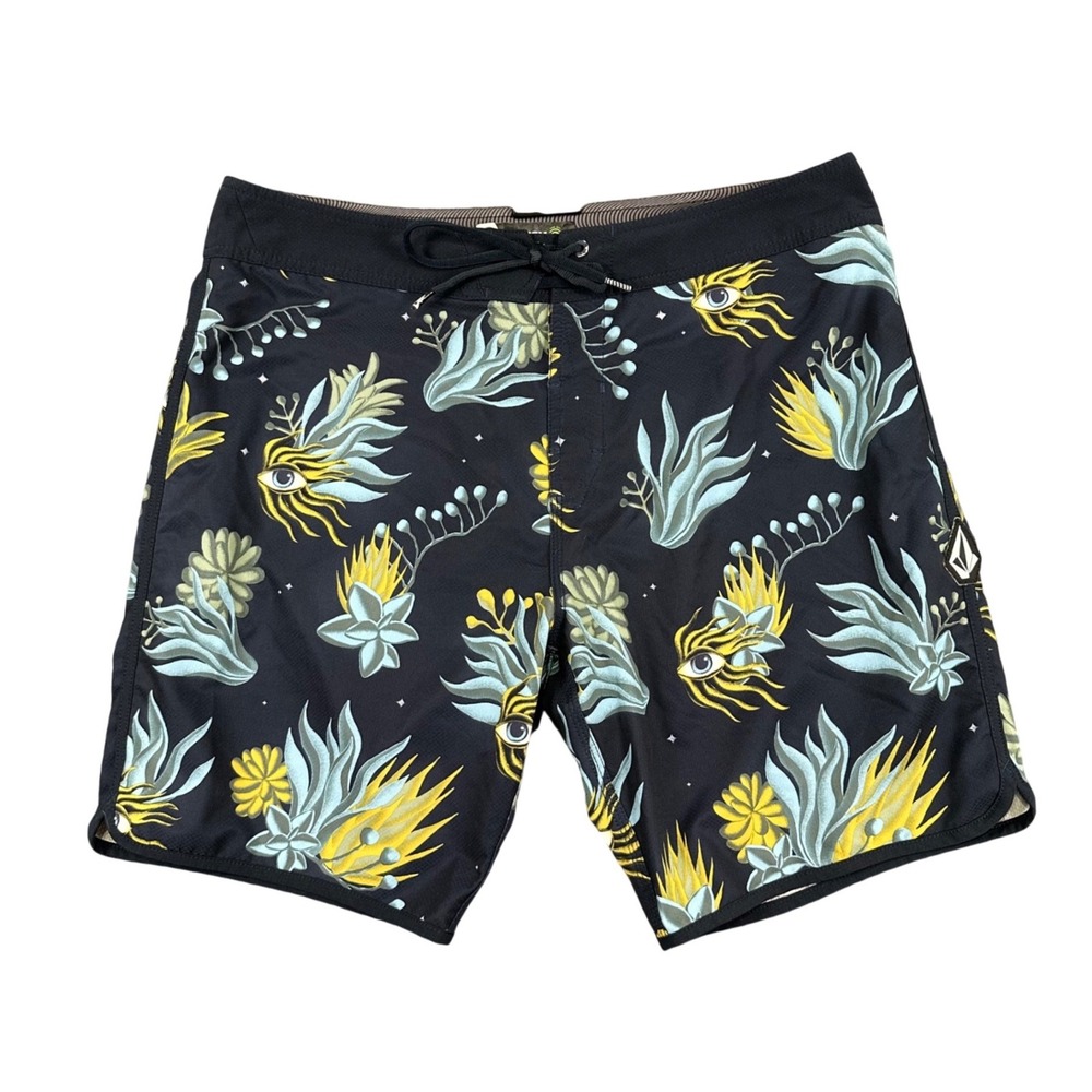Volcom Mens Mod-Tech Boardshorts 36 Black Floral Eye Print Recycled Poly
